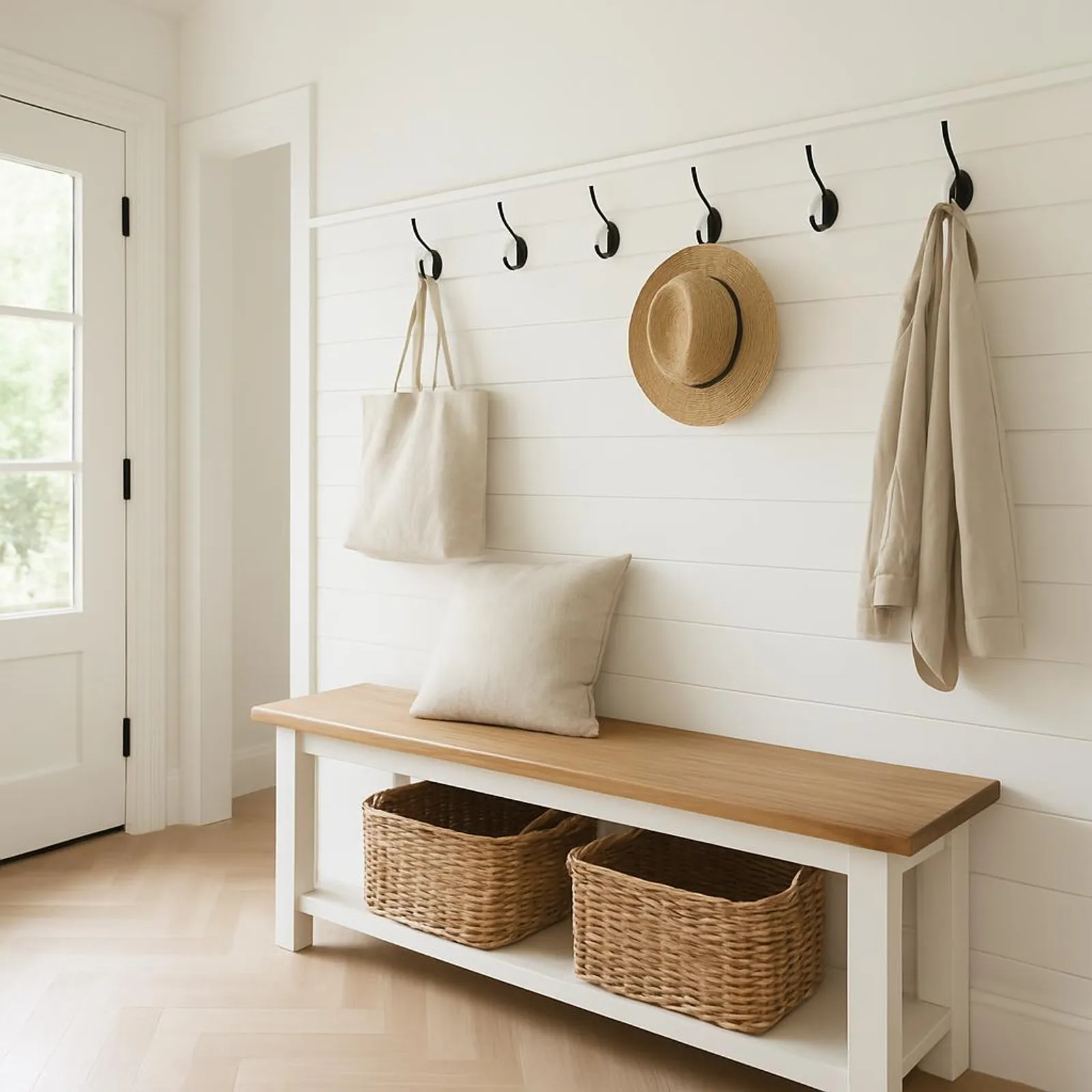 Bright entryway with bench, baskets, and wall hooks in a clean organized layout