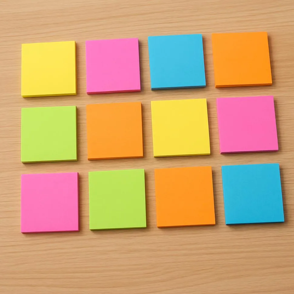 Bright sticky notes arranged neatly on a desk.