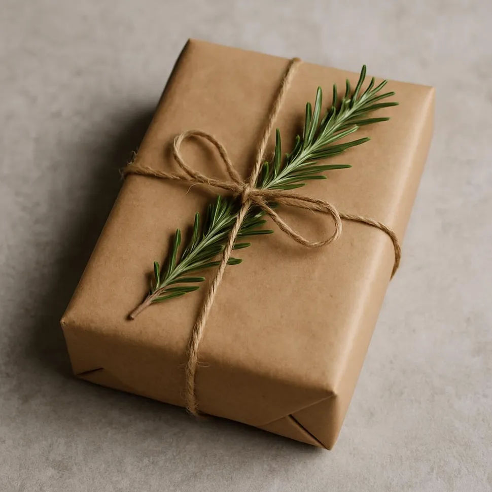 Brown paper gift topped with rosemary sprig