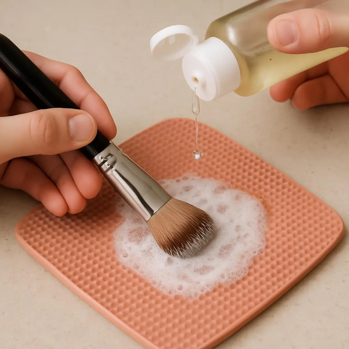 Brush cleaning with a textured mat and gentle cleaner