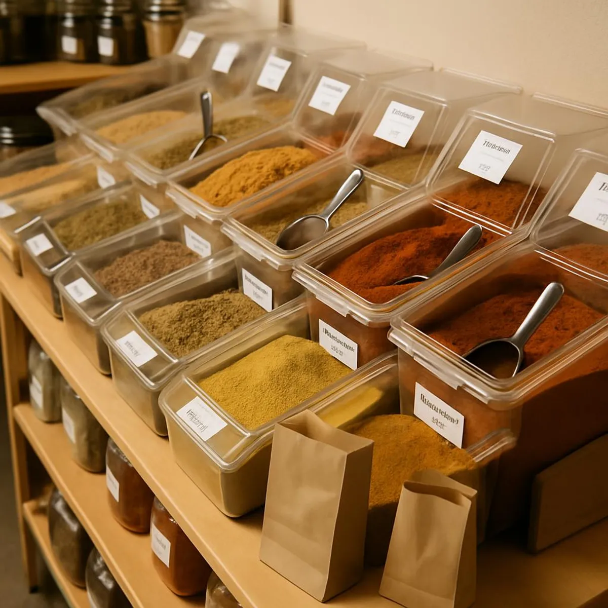 Bulk spice bins at a local co-op with scoops and paper bags