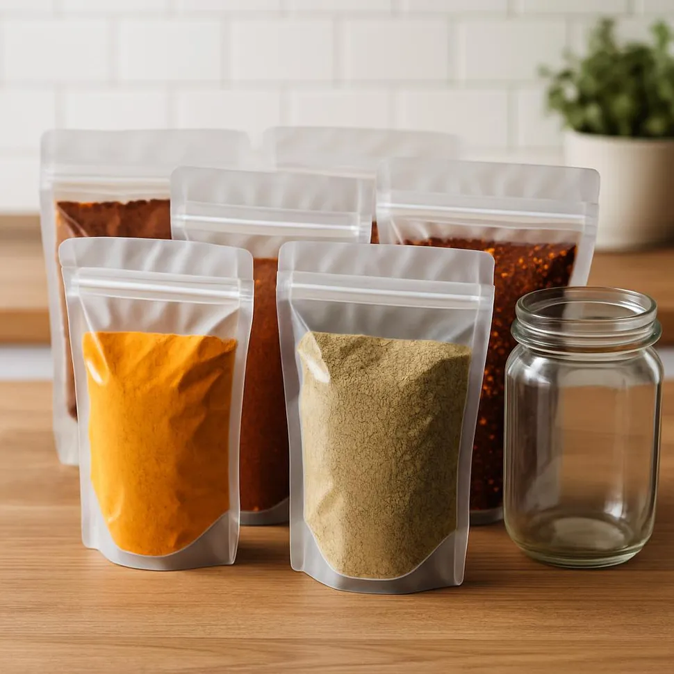 Bulk spice refill pouches ready to decant