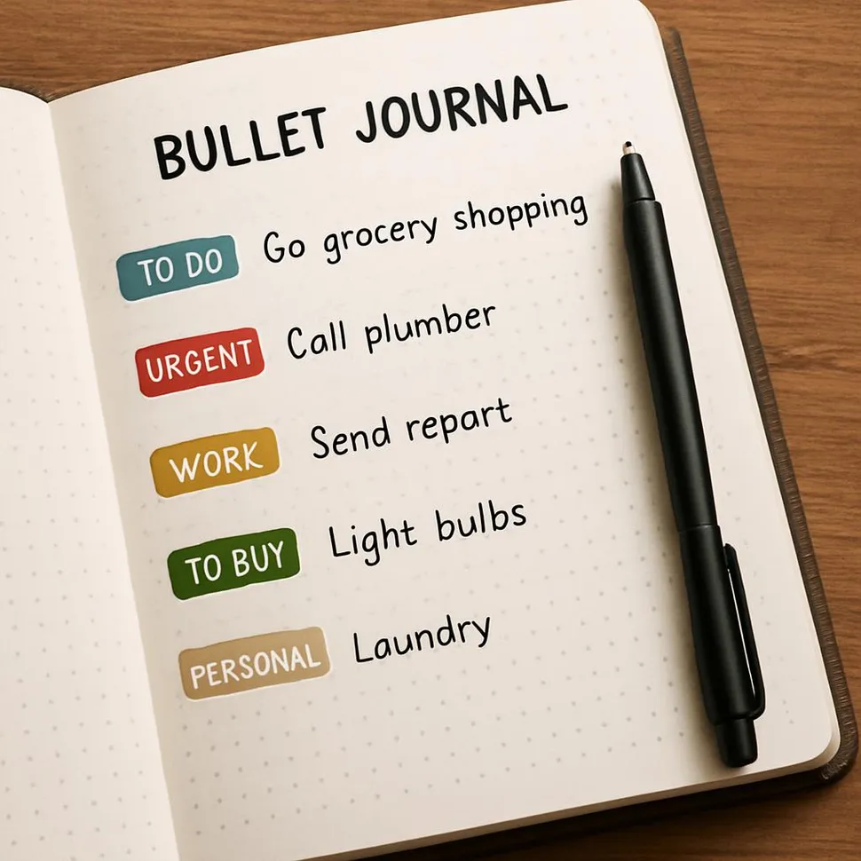 Bullet journal with task tags and a pen