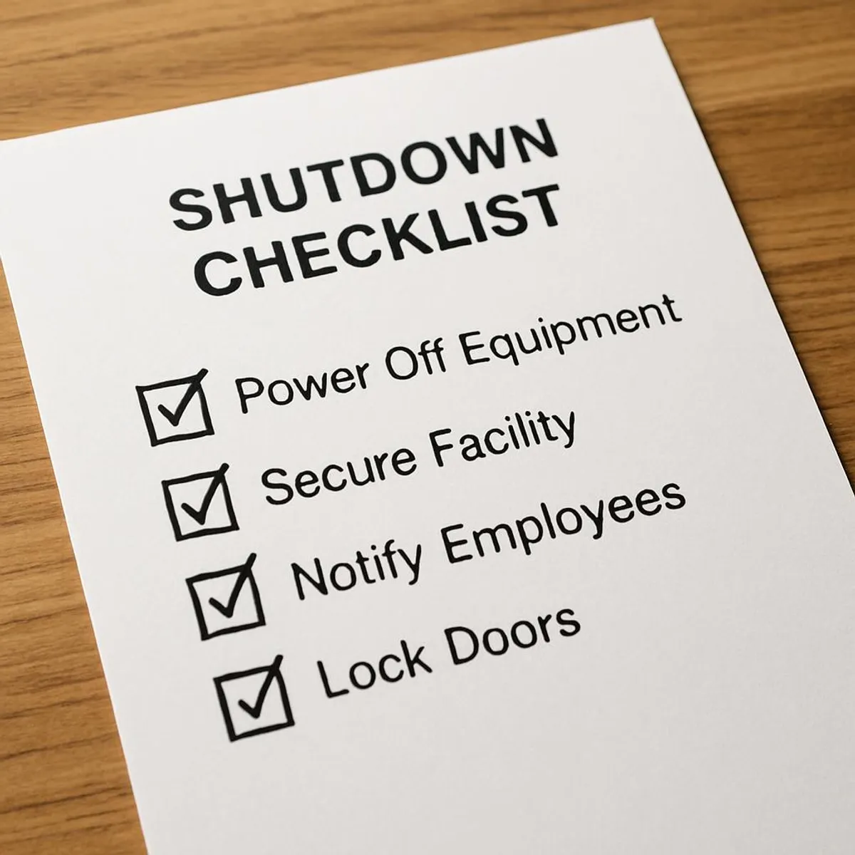 Bullet list on paper with checkboxes, representing a shutdown checklist