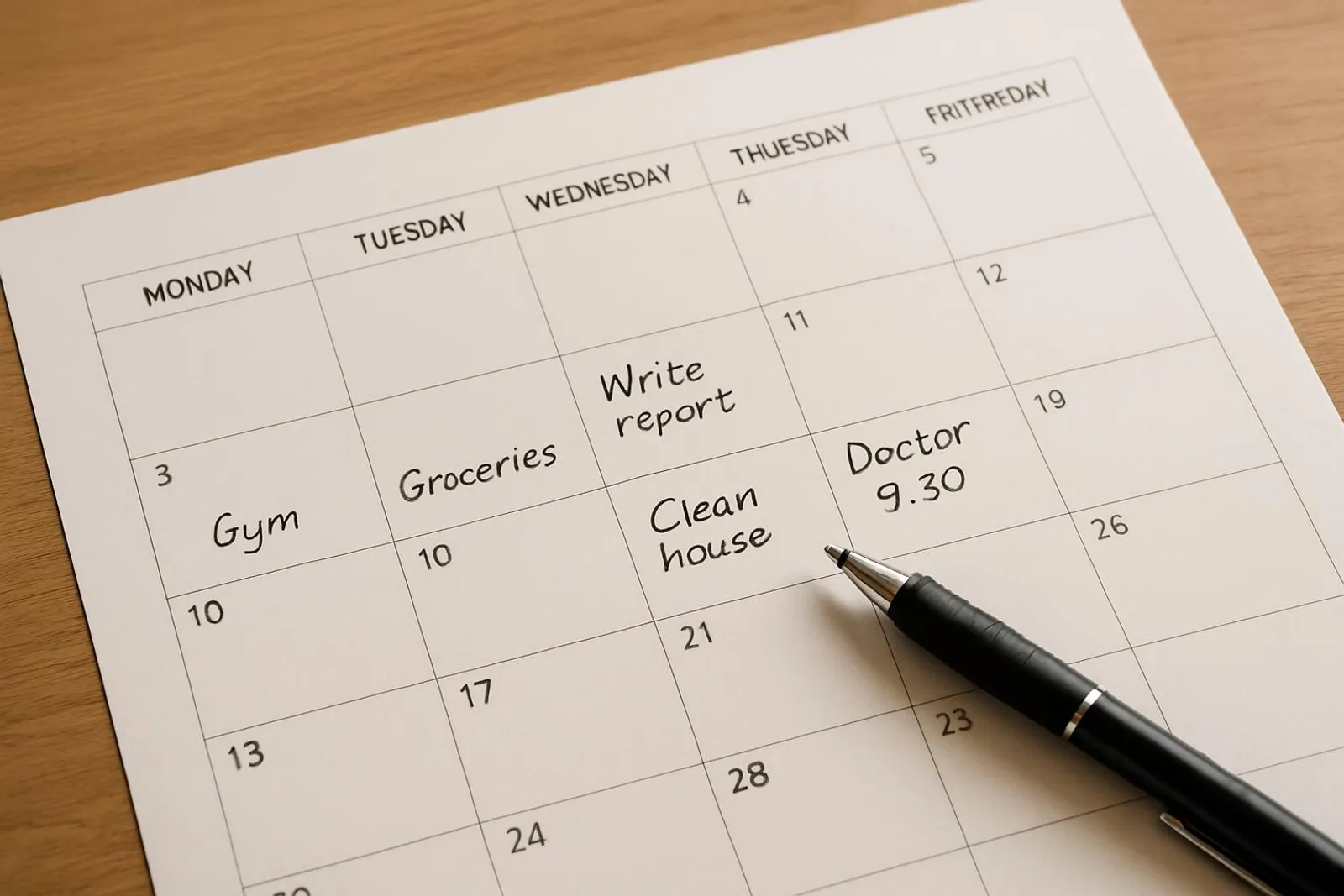 Calendar page with neat notes and a pen, symbolizing a simple weekly plan