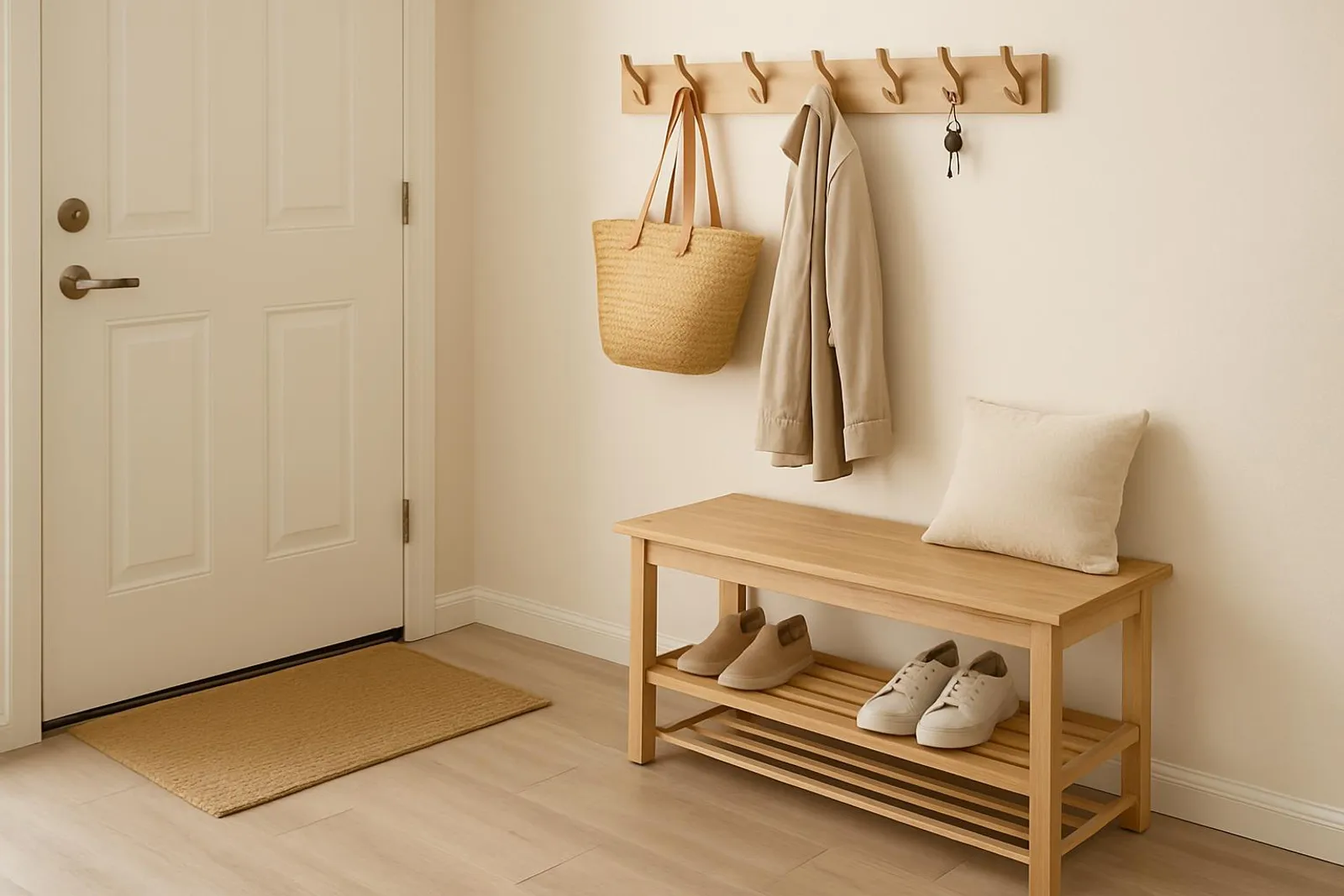 Calm and clean entryway with a small bench, shoe rack, and wall hooks