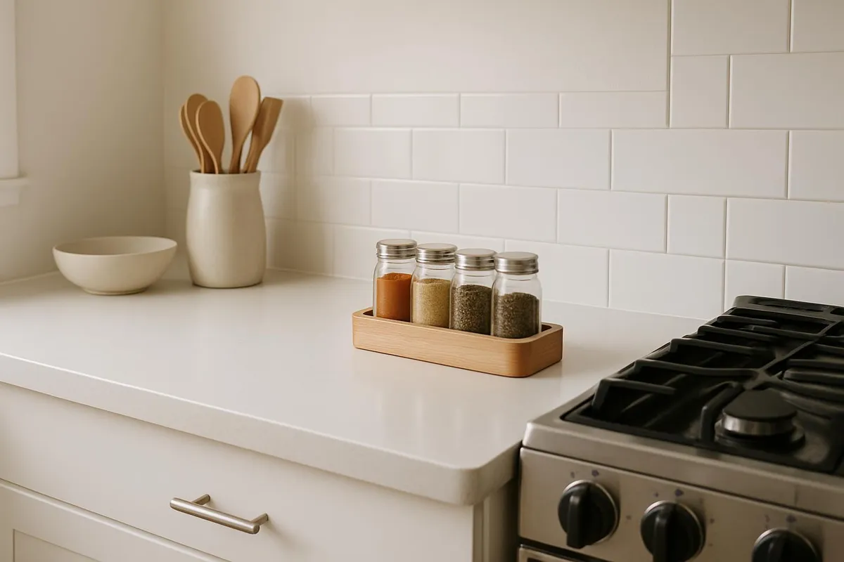Calm kitchen counter with minimal items and a small spice caddy near the stove