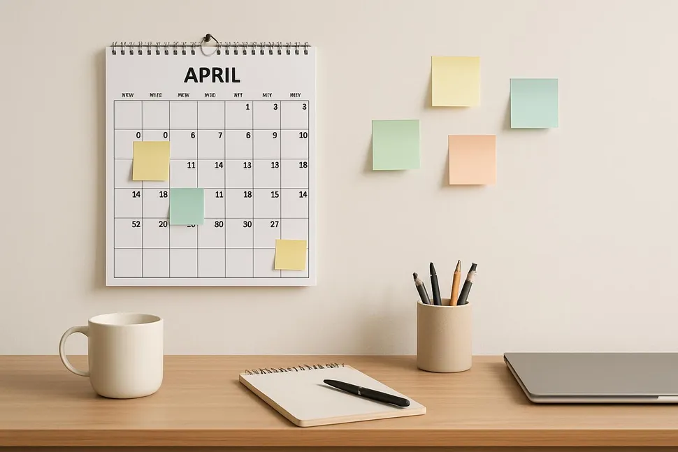 Calm workspace with calendar and sticky notes