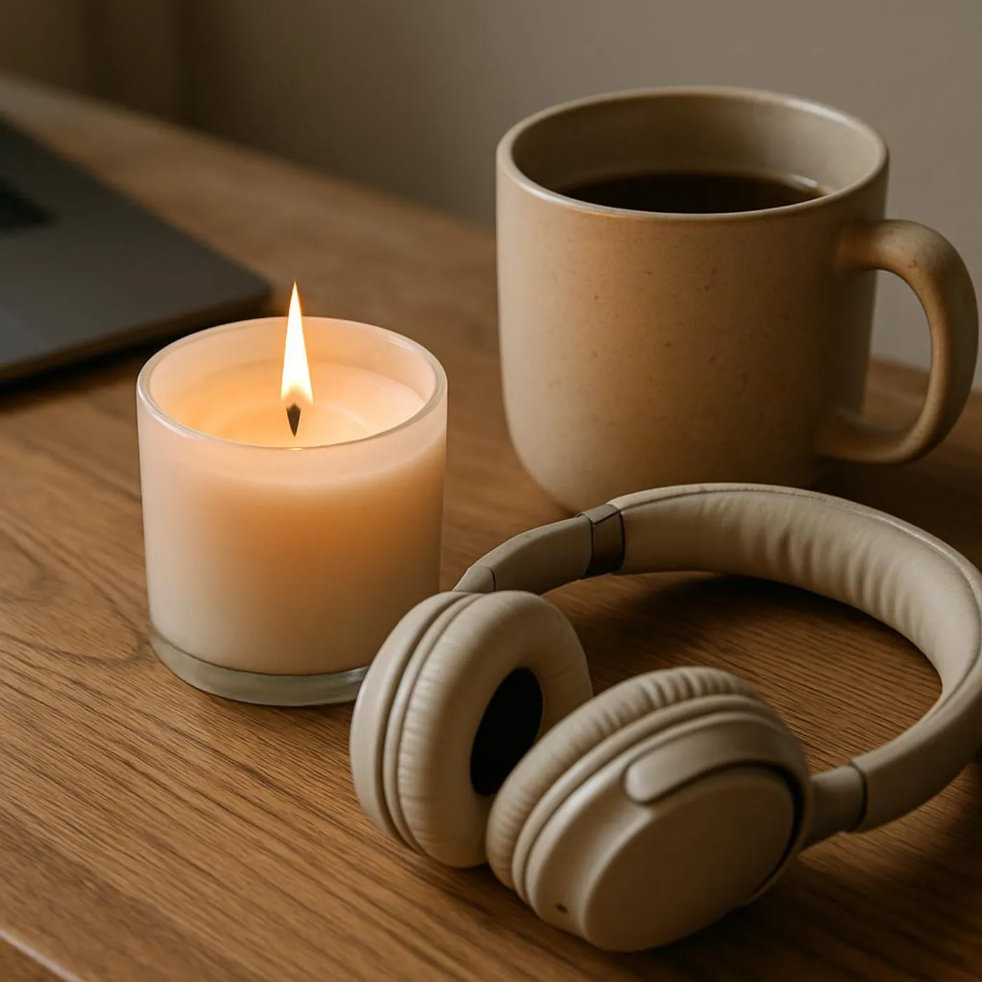 Candle, mug, and headphones set up as a personal focus ritual