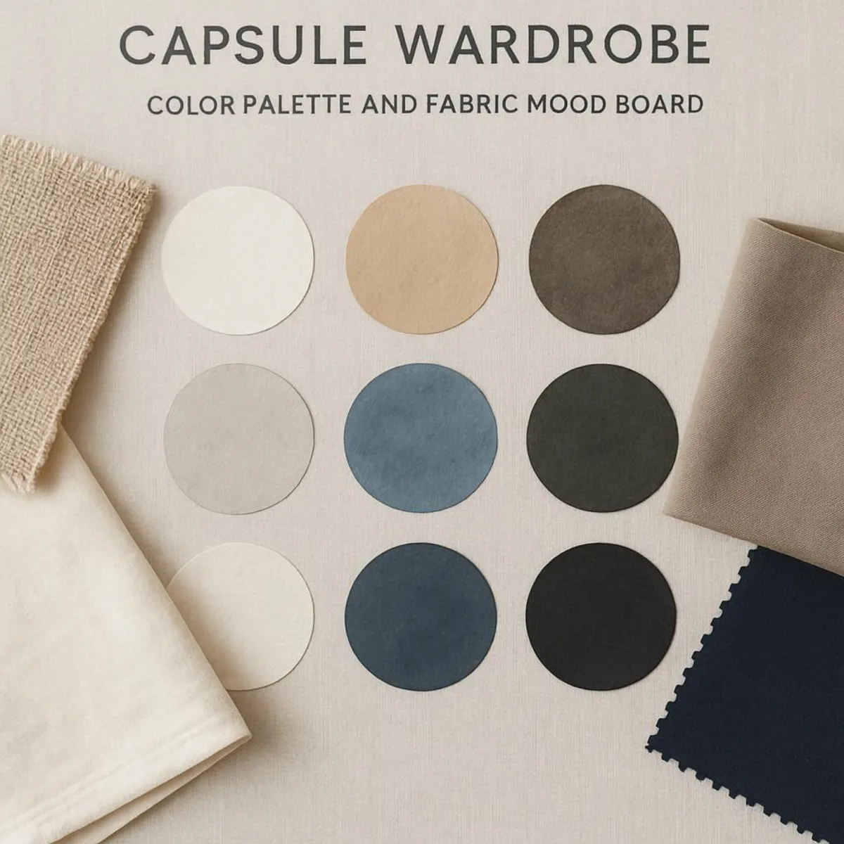 Capsule wardrobe color palette and fabric mood board