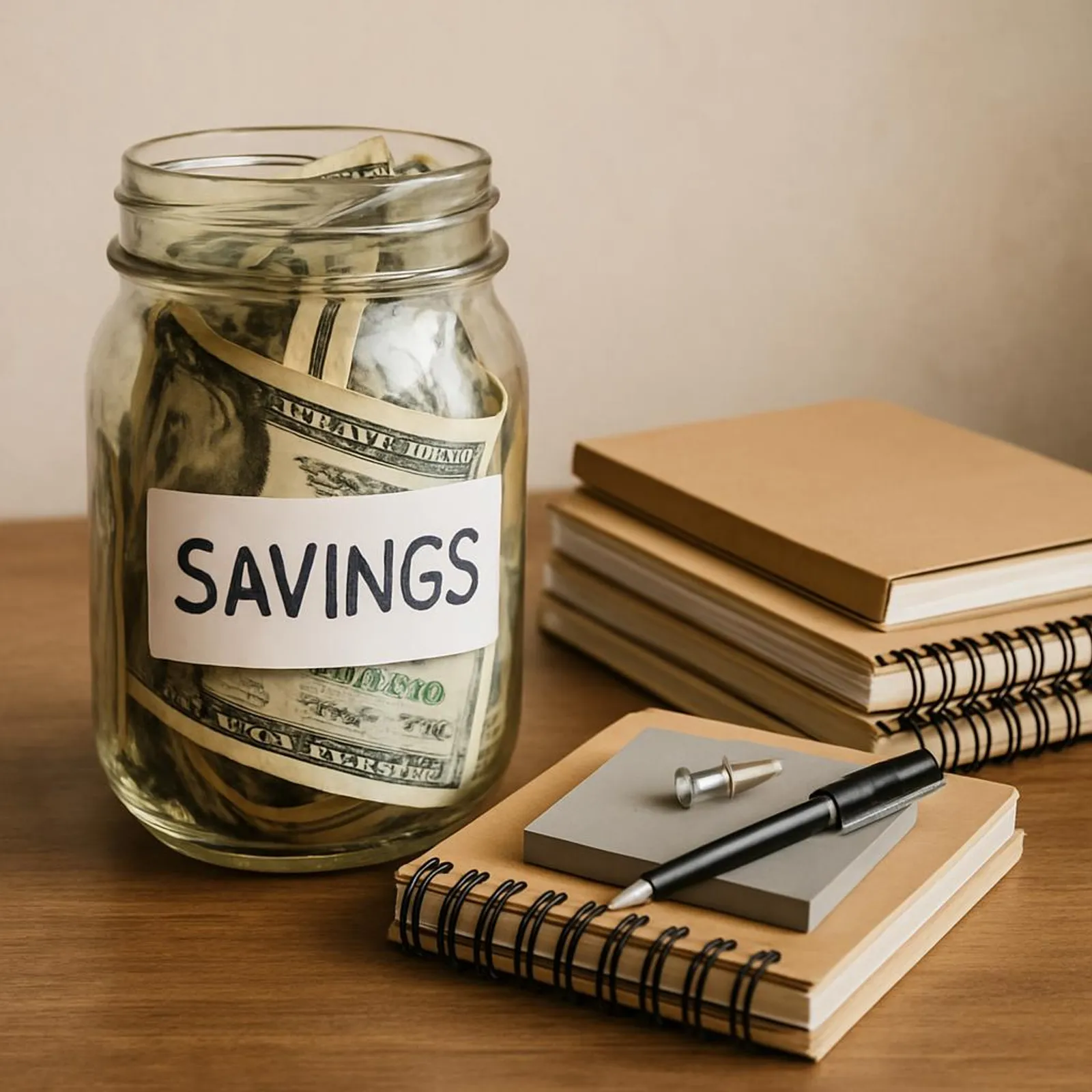 Cash in a jar labeled savings next to a small stack of organizing supplies