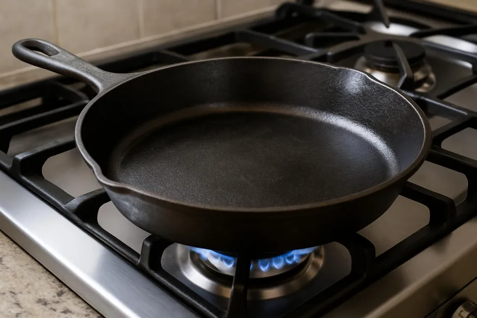 Cast iron skillet heating on a stovetop