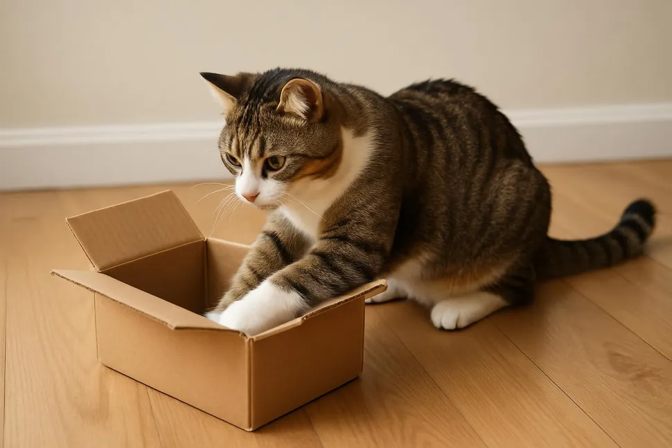 Cat playing with a cardboard box