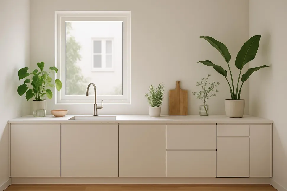 Clean and minimalist kitchen with greenery