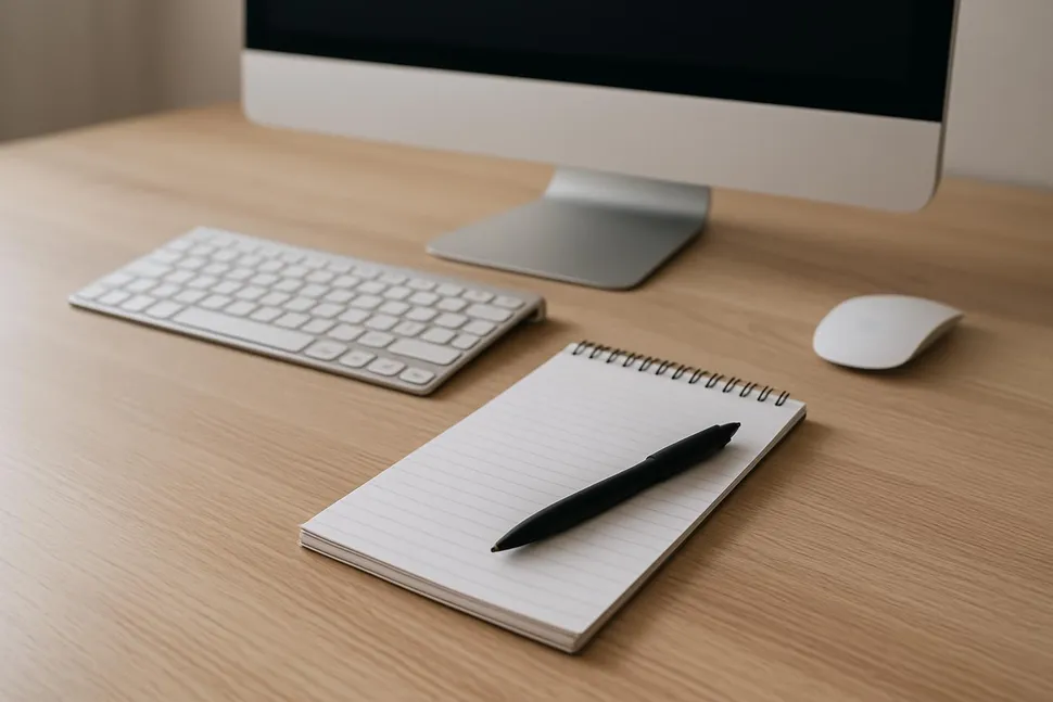 Clean desk setup with notepad and pen