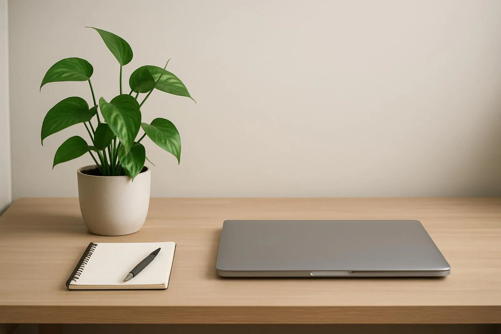 Clean desk with a plant and a closed laptop, signaling a calm end to planning
