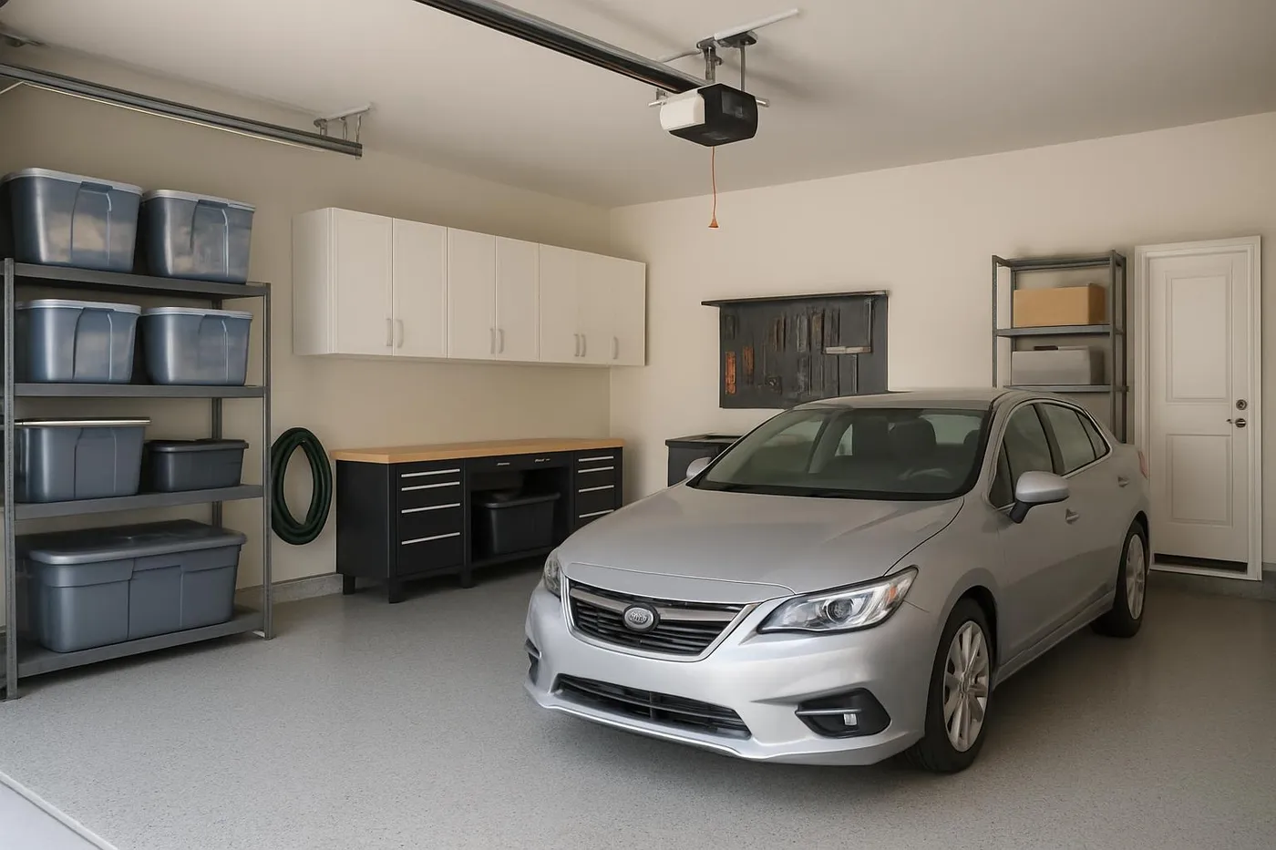 Clean garage with a car parked inside and neat storage along the walls