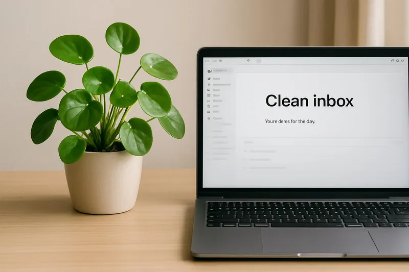 Clean inbox with cheerful plant next to a laptop