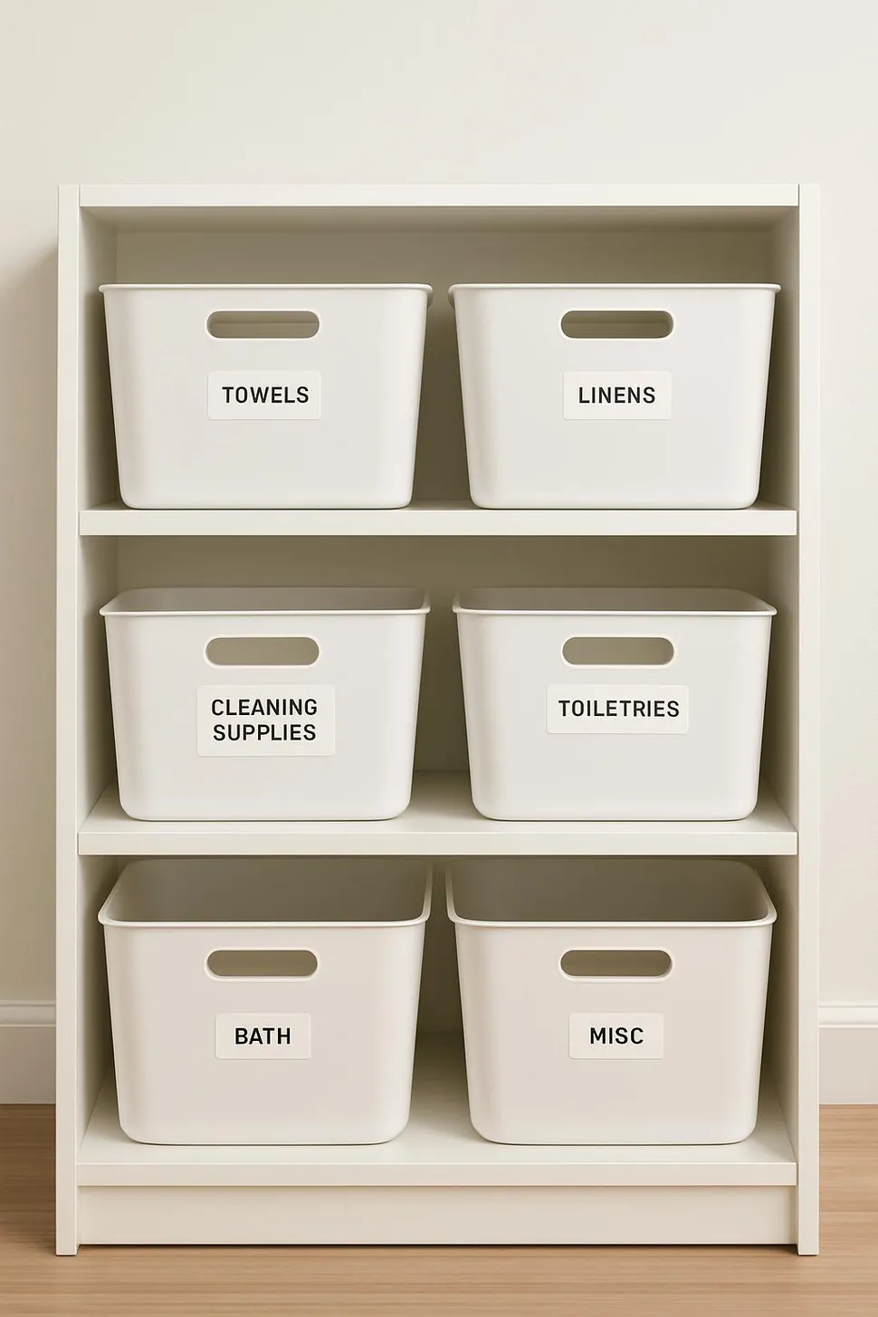 Clean, labeled shelf with minimal storage bins.
