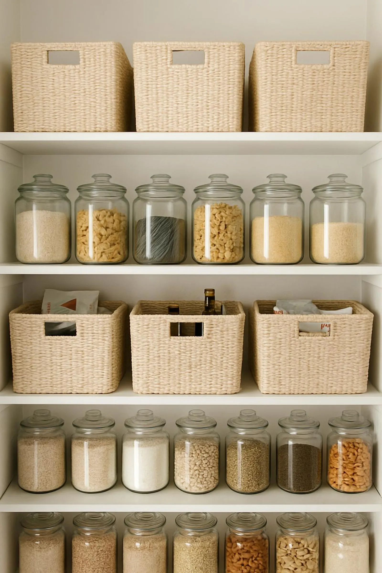 Clean, minimal pantry shelves after organization with baskets and jars
