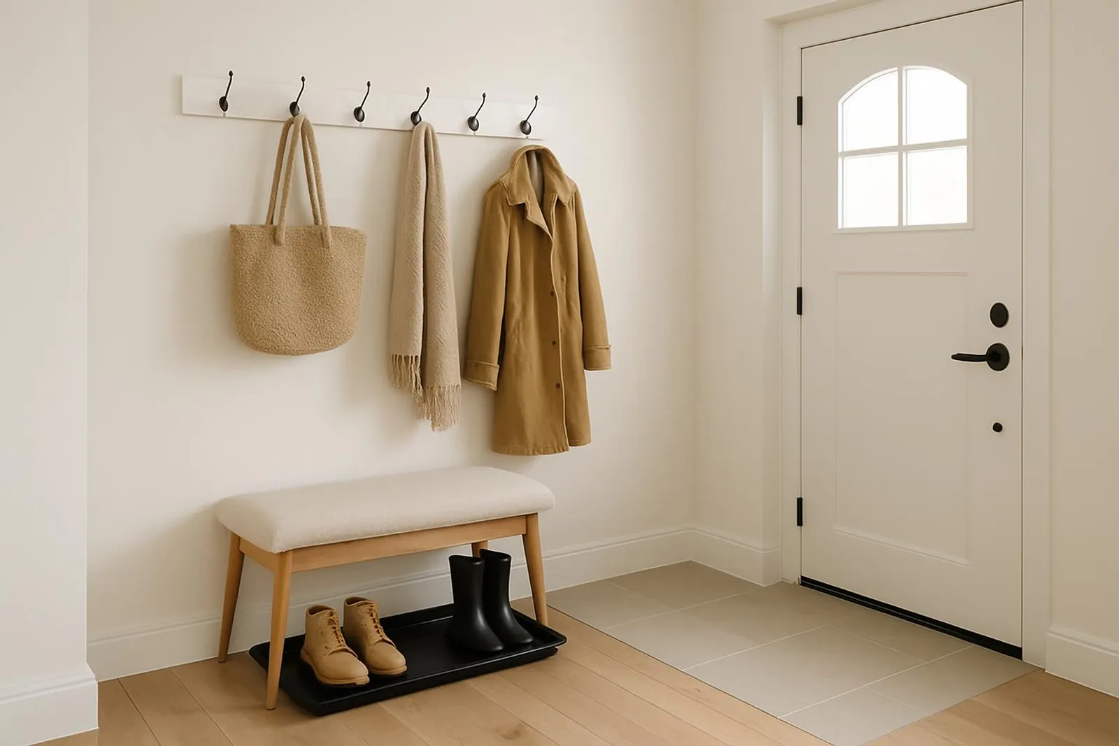 Clean, minimalist entryway with hooks, a small bench, and a boot tray
