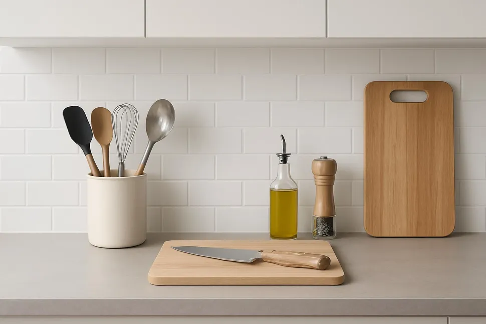Clean minimalist kitchen countertop with tools neatly arranged