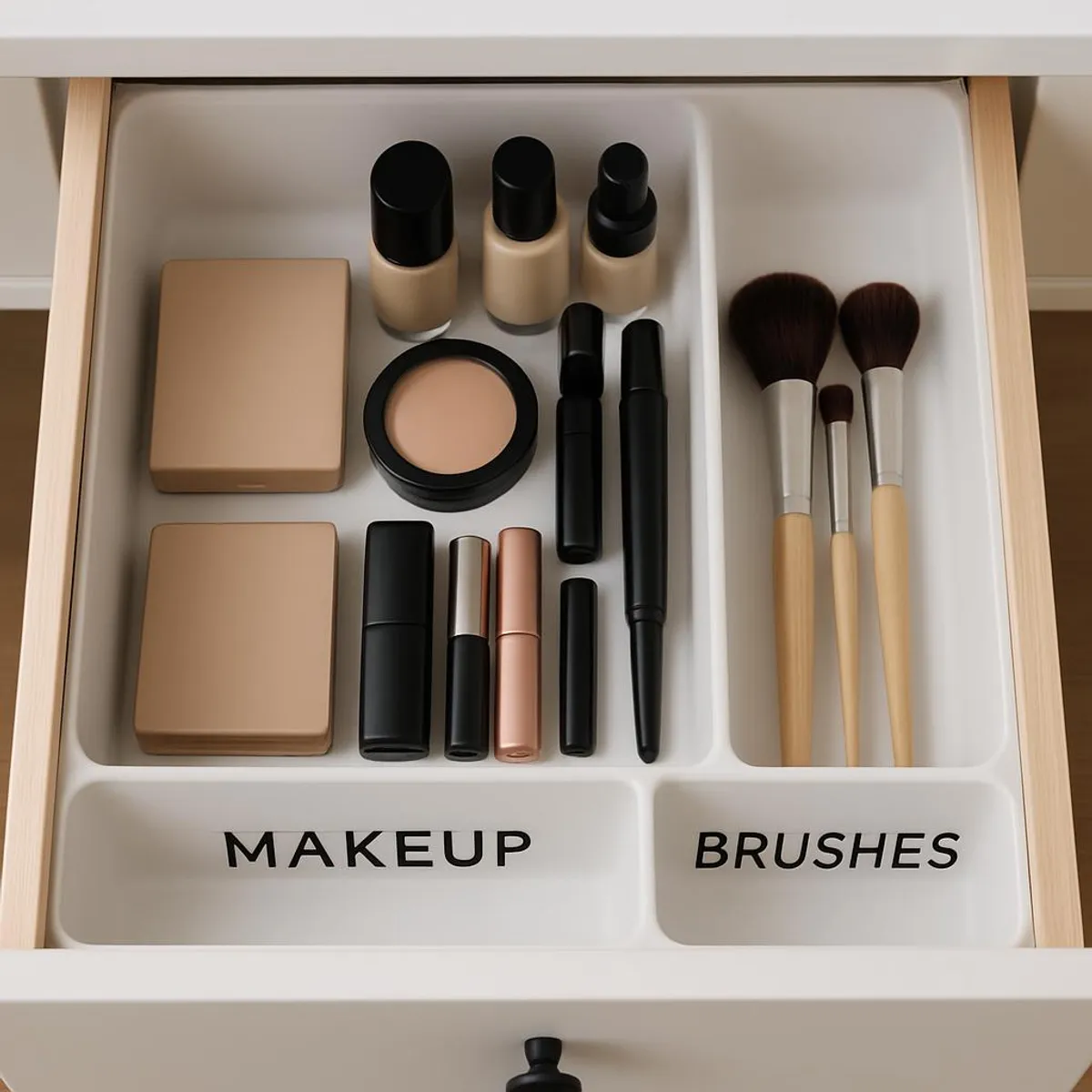 Clean vanity drawer with labeled makeup and minimal brushes