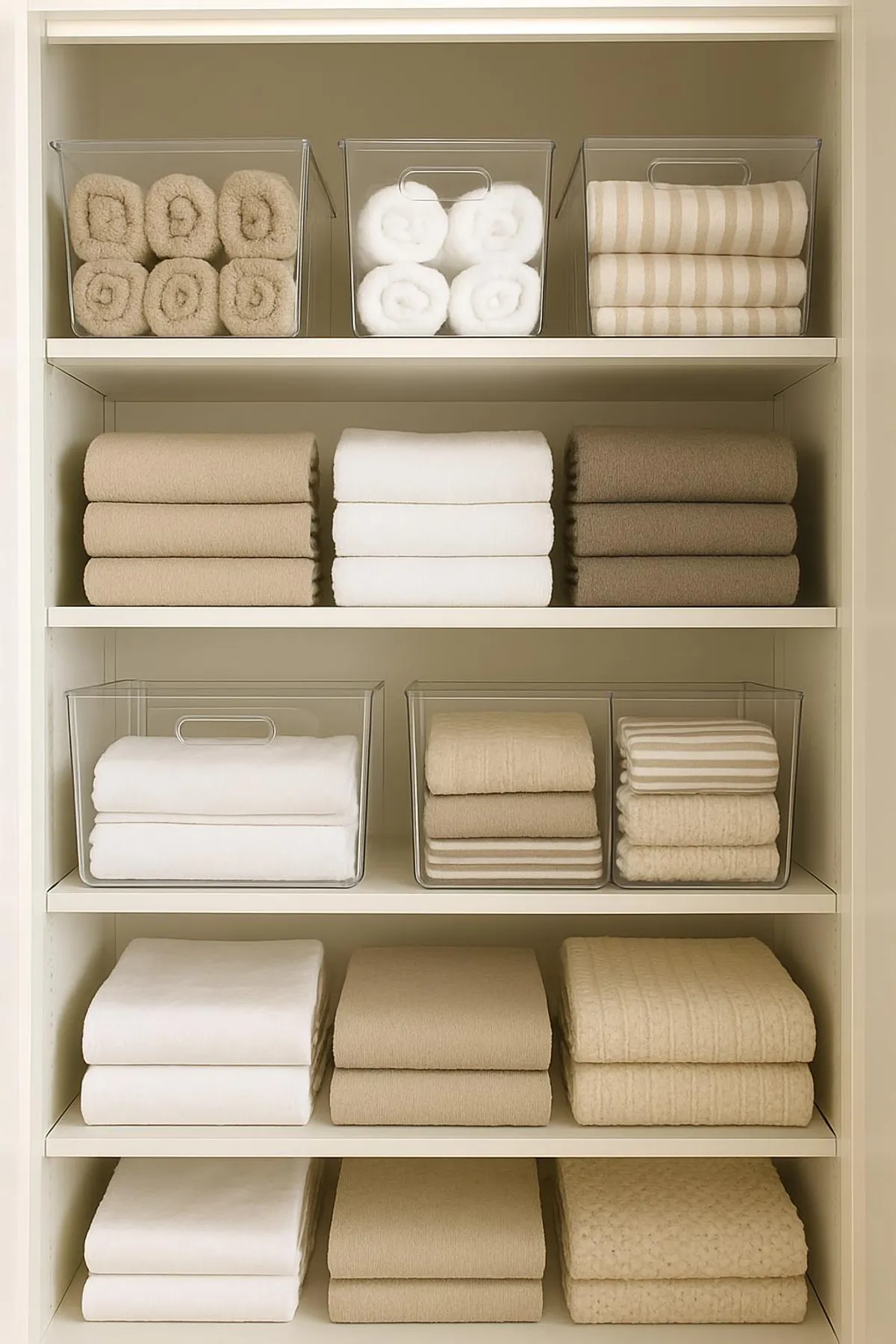 Clear bins and shelf dividers neatly organizing a linen closet