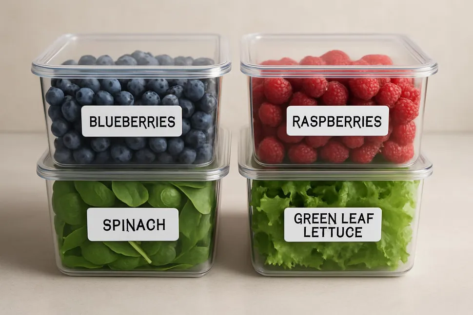 Clear bins with berries and greens, labeled and ready.