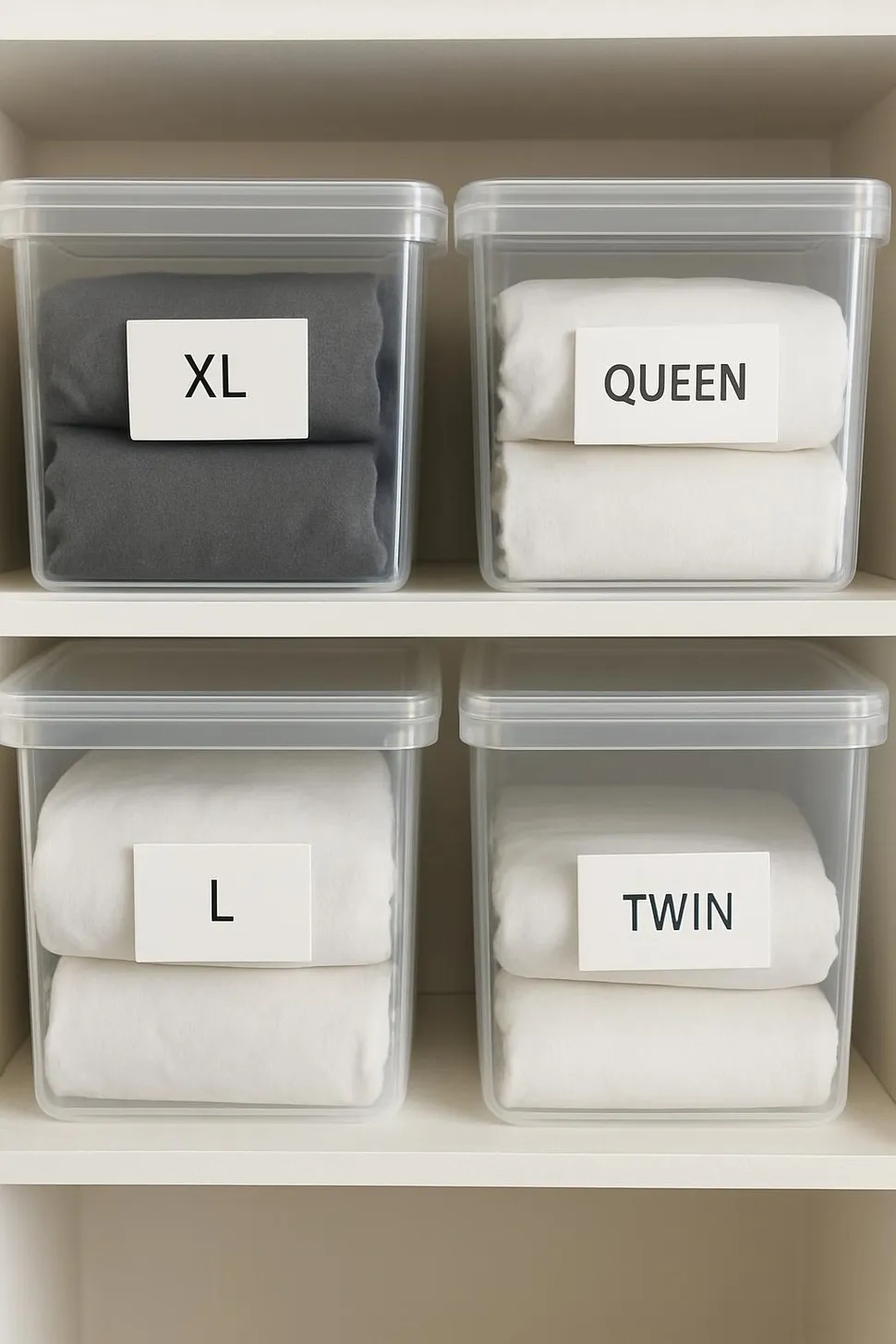 Clear bins with simple white labels for bedding sizes