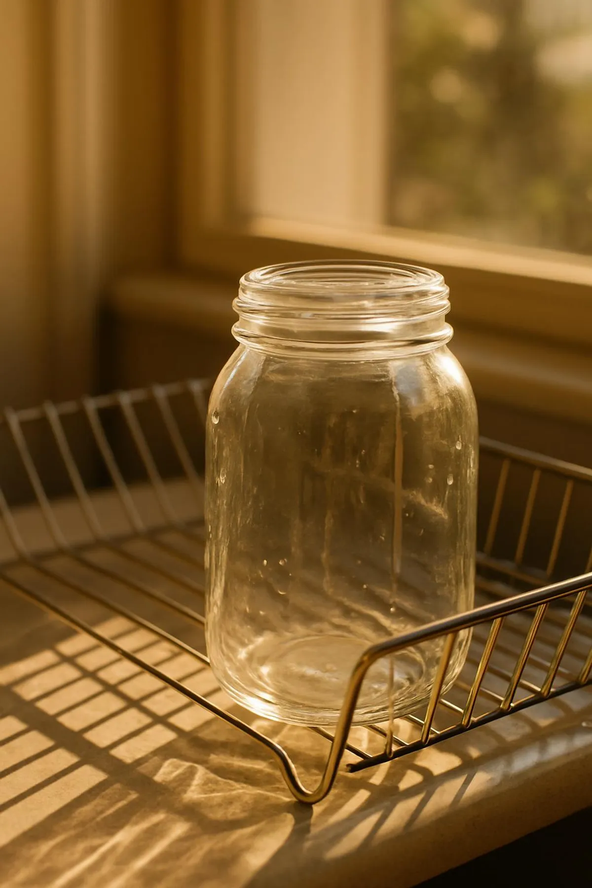 Clear glass jar drying on a rack in warm sunlight