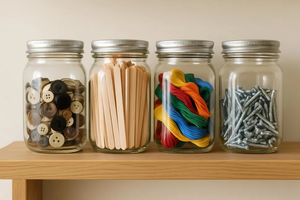 Clear jars storing craft supplies and screws