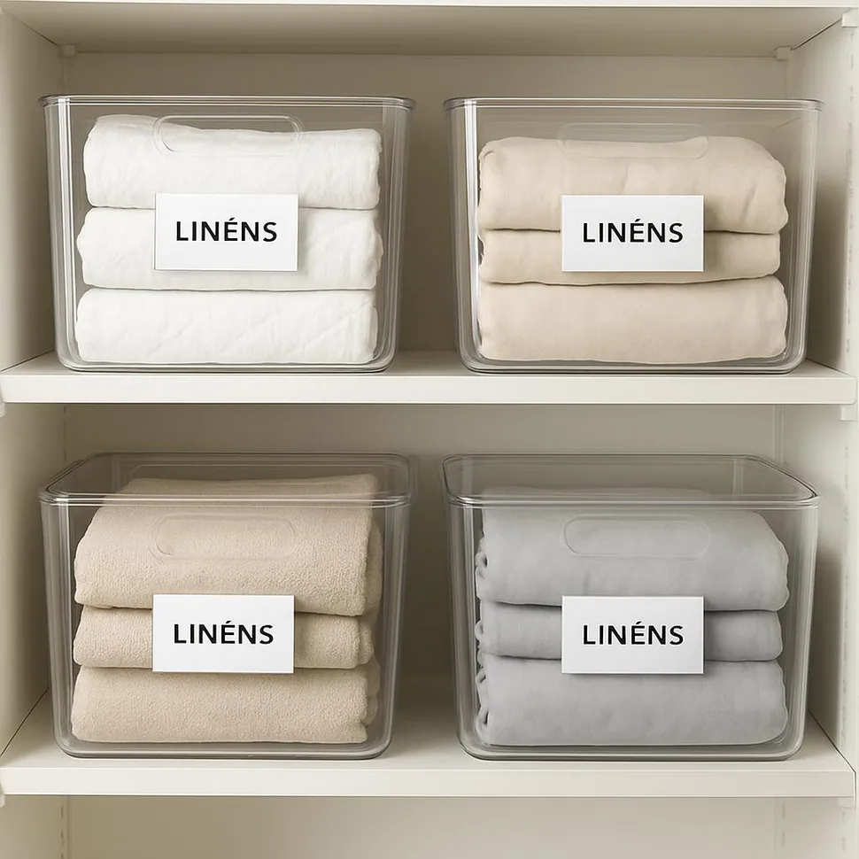 Clear labeled bins with linens on white shelves