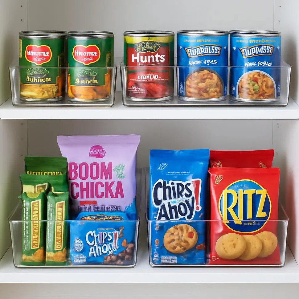 Clear pantry bins grouping canned goods and snacks
