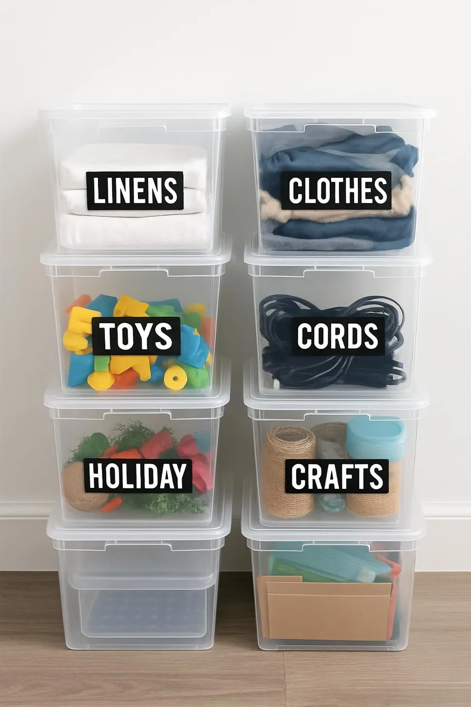 Clear storage bins stacked with bold labels