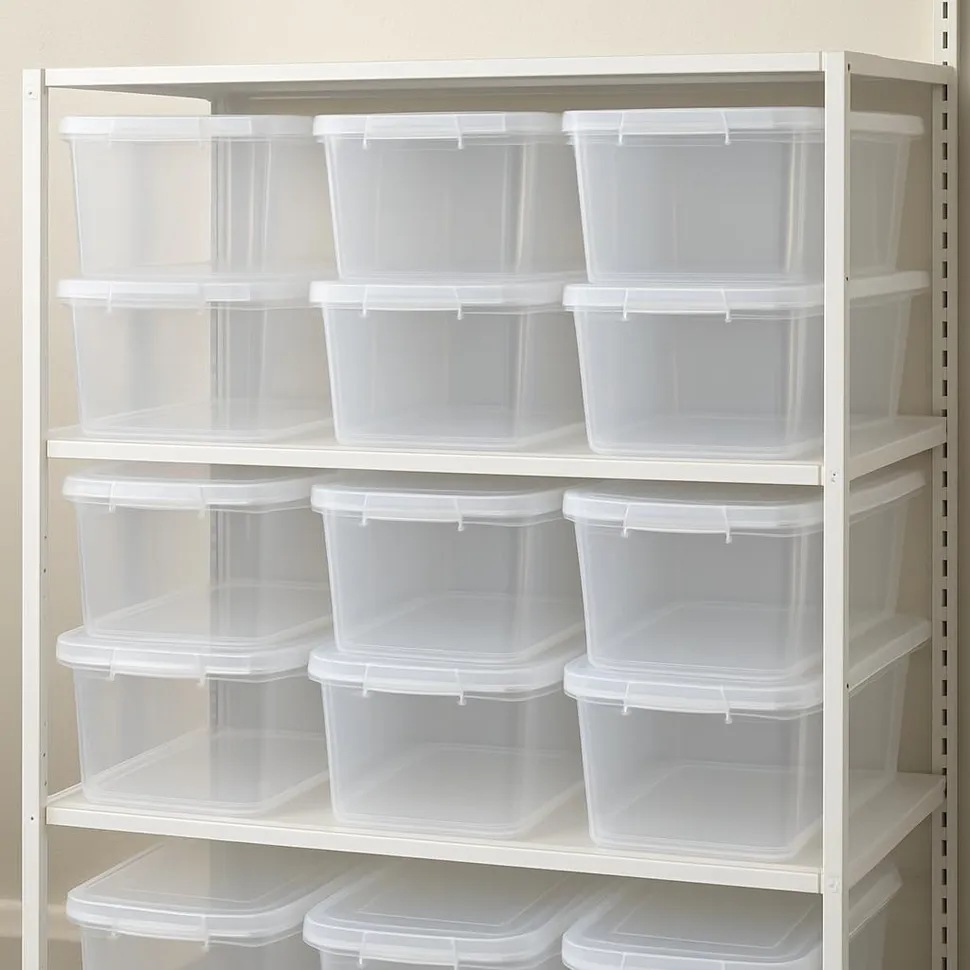 Clear storage bins with lids stacked neatly on shelves.