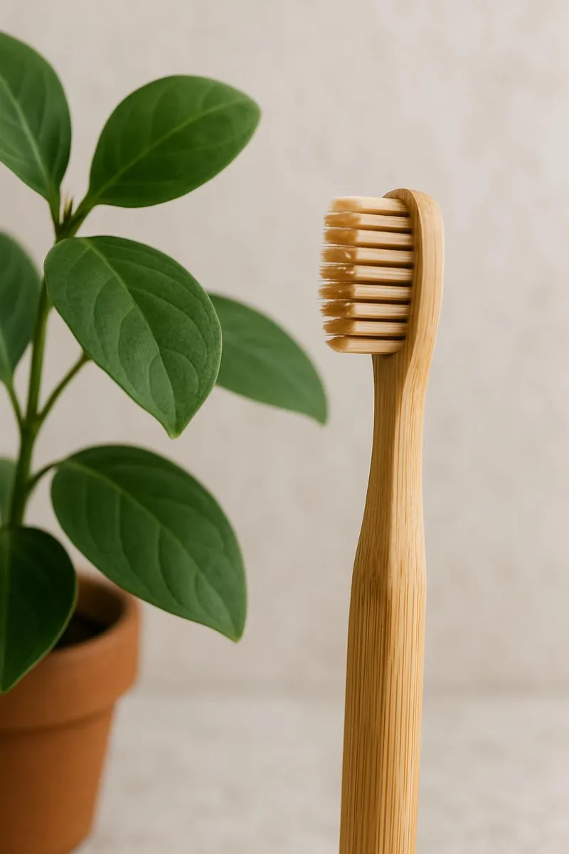 Close up of a bamboo toothbrush next to a green plant