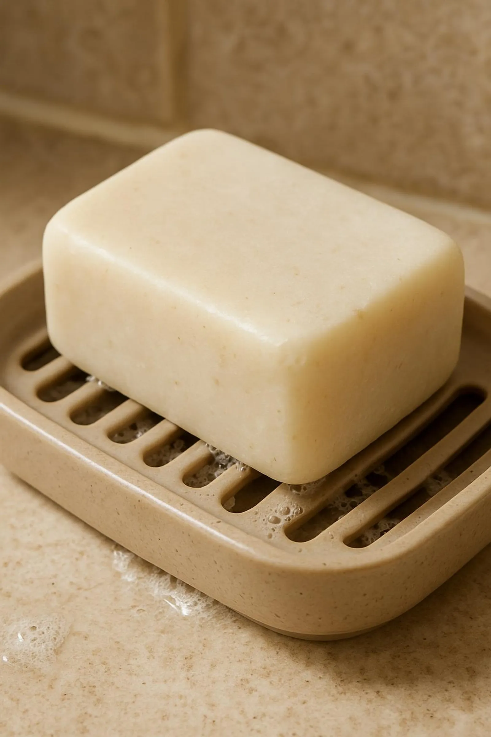 Close-up of a draining soap dish holding a shampoo bar