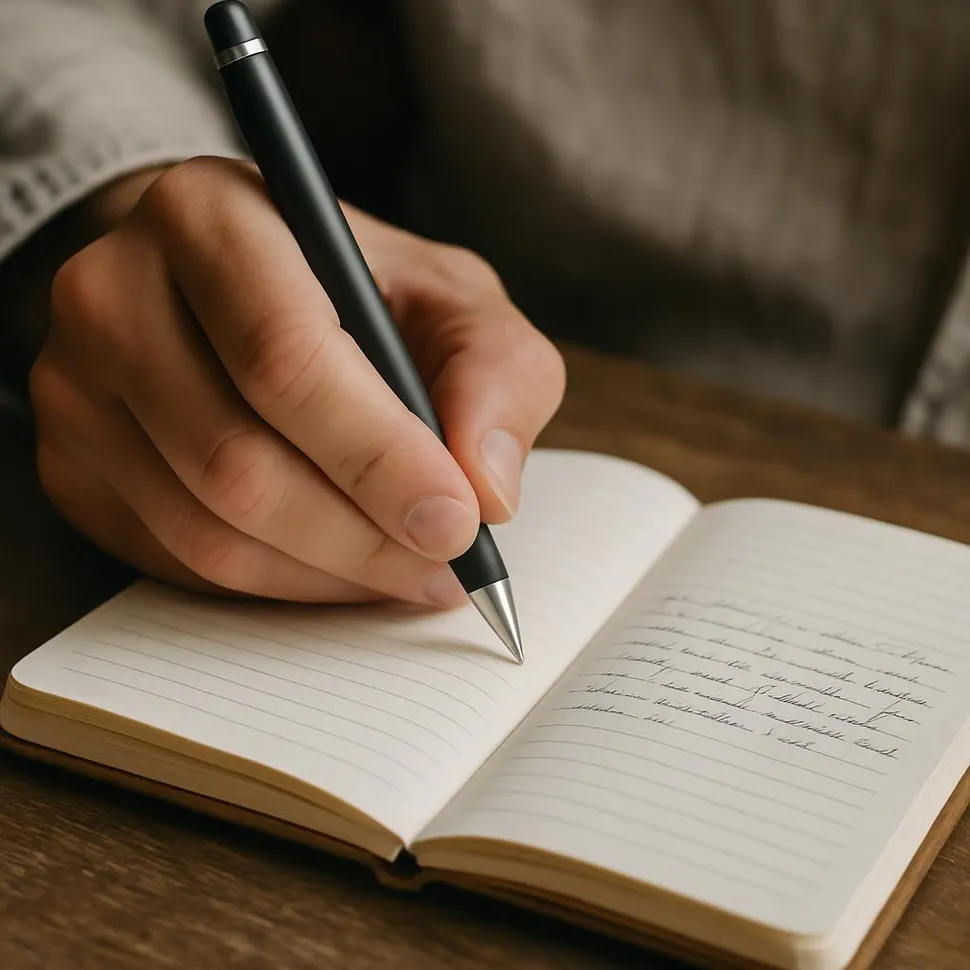 Close-up of a hand writing in a small notebook