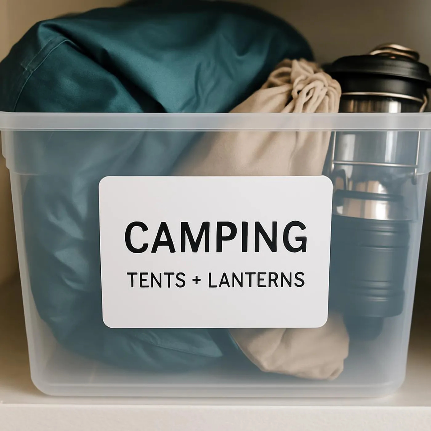 Close-up of a labeled clear bin reading Camping: Tents + Lanterns