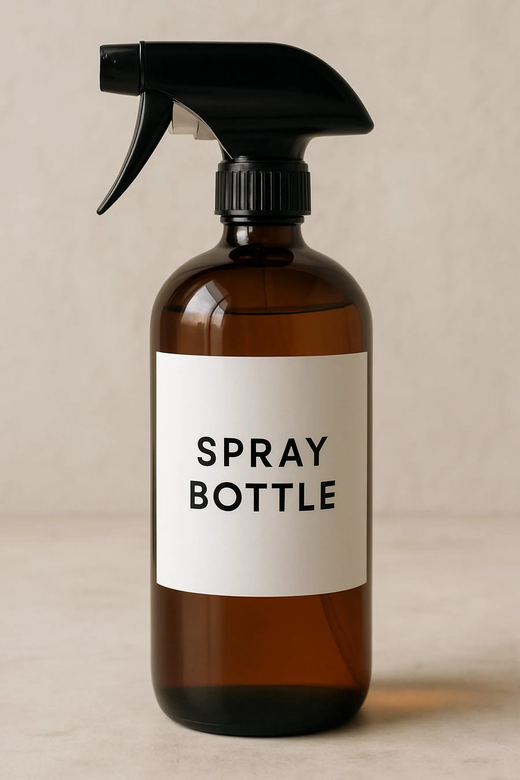 Close-up of a labeled spray bottle with a simple, modern label