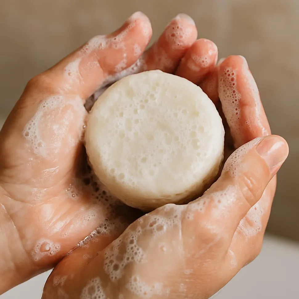 Close-up of a shampoo bar lathered in hands