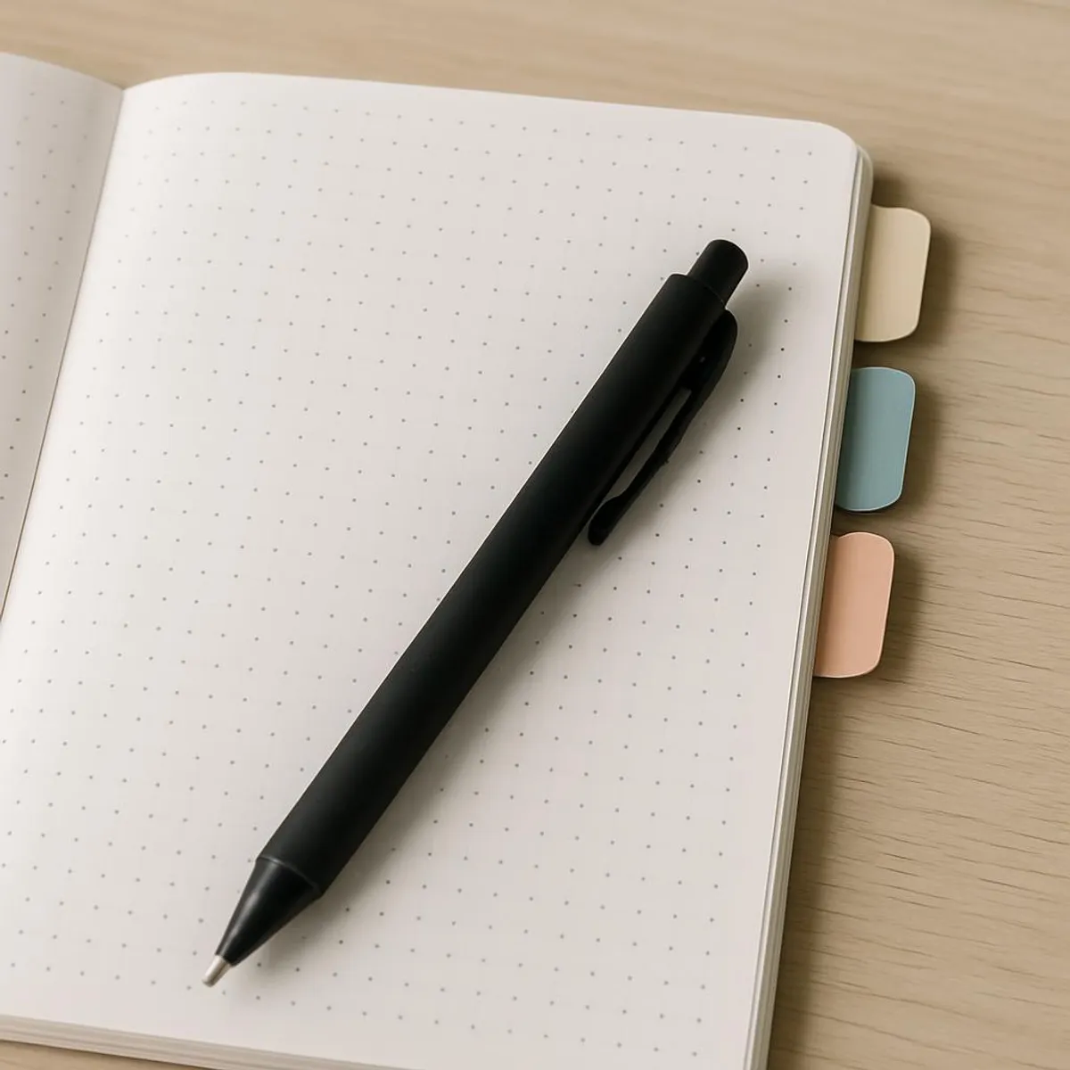 Close-up of a simple dotted notebook with a black pen and subtle color tabs.