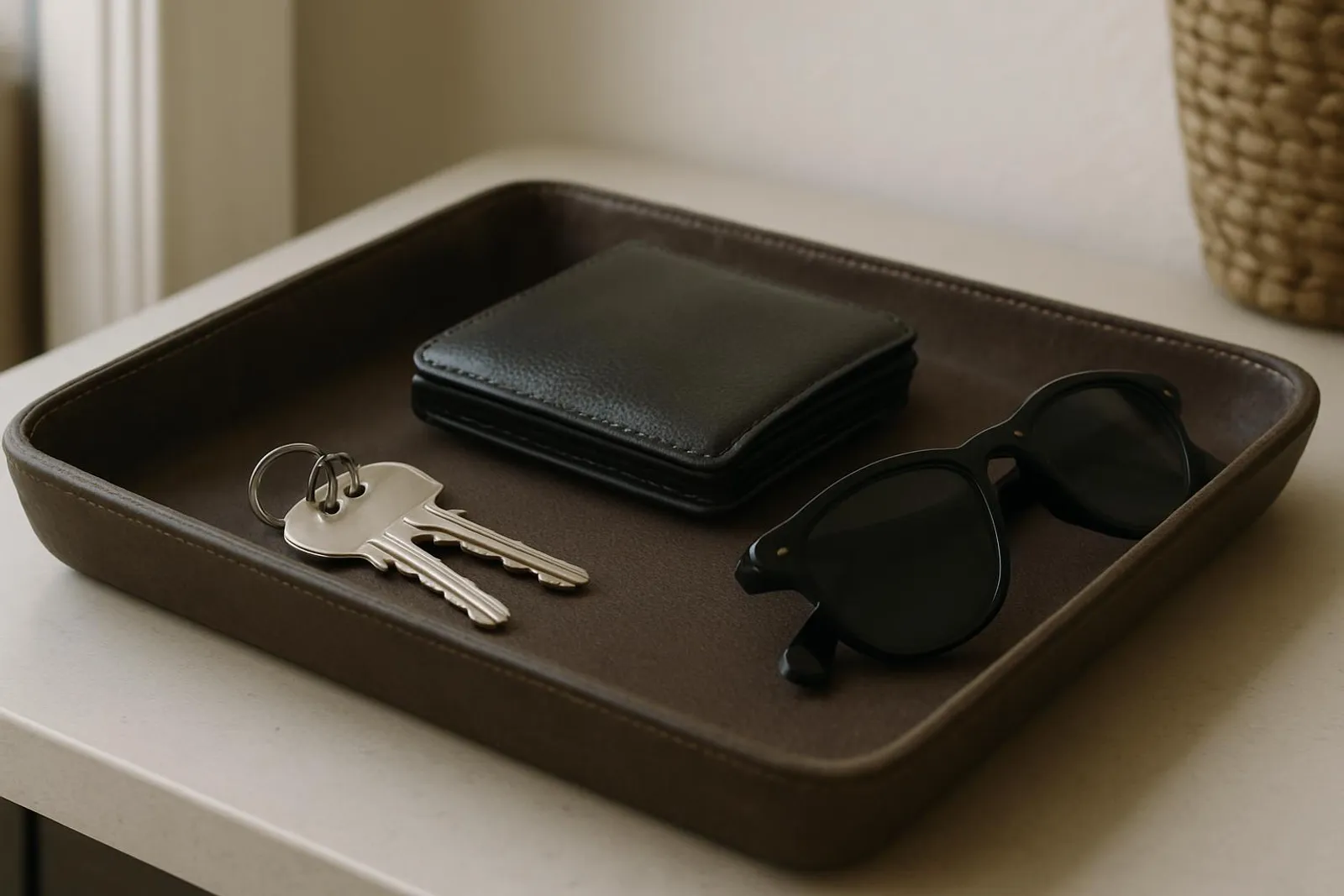 Close-up of an entryway tray with keys, wallet, and sunglasses neatly organized