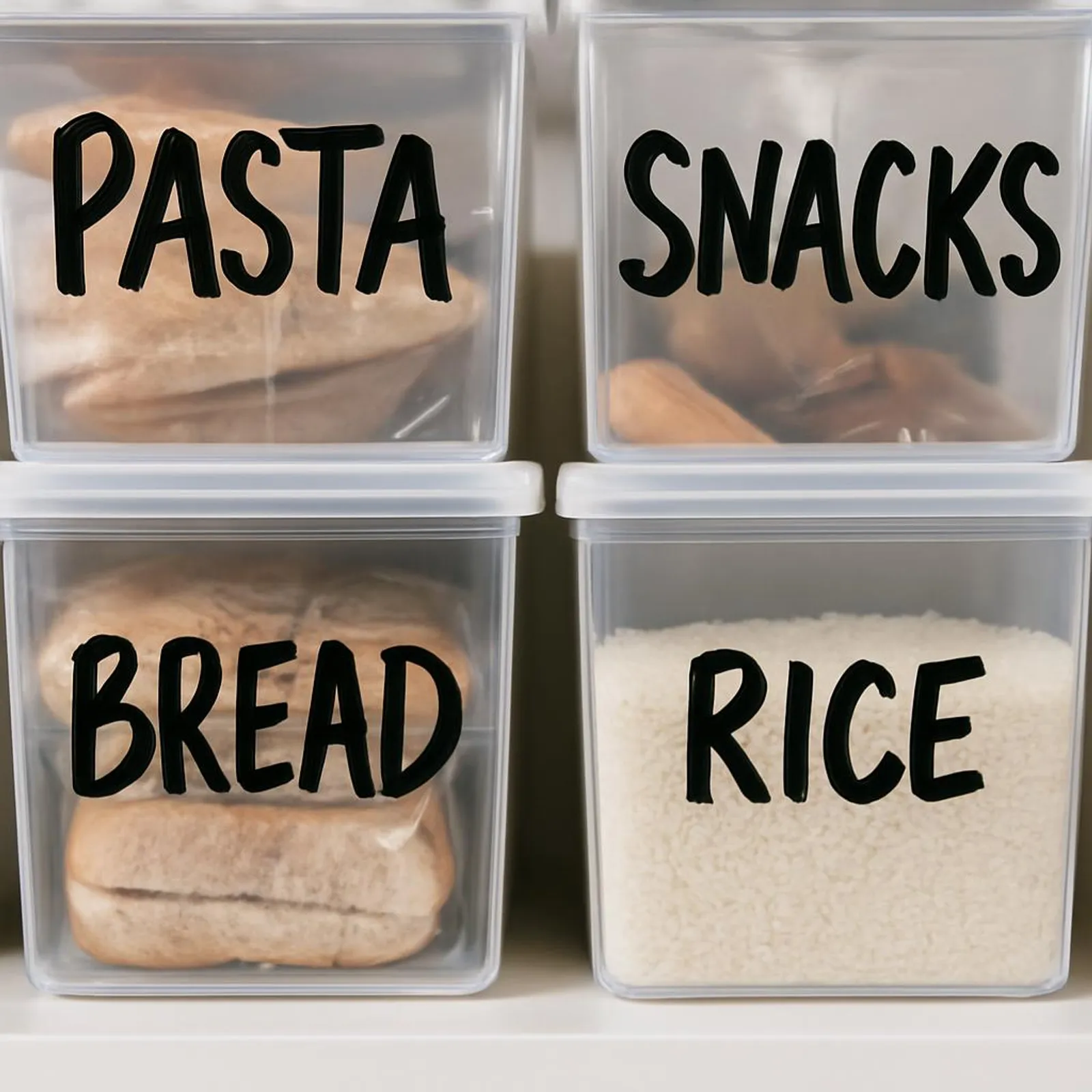 Close-up of bold handwritten labels on clear bins