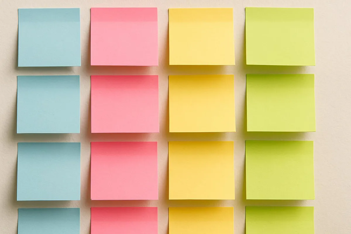 Close-up of colorful sticky notes arranged in columns
