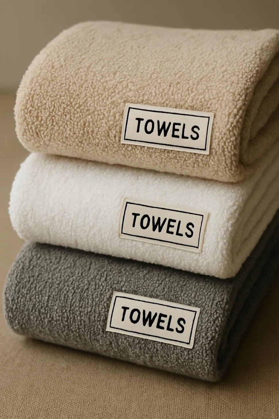 Close-up of folded towels with labels