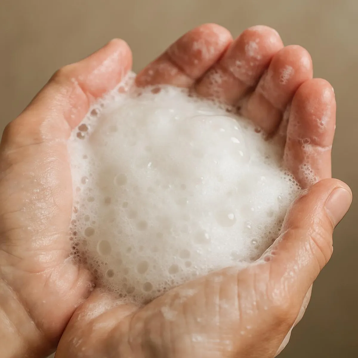 Close-up of frothy lather in hands