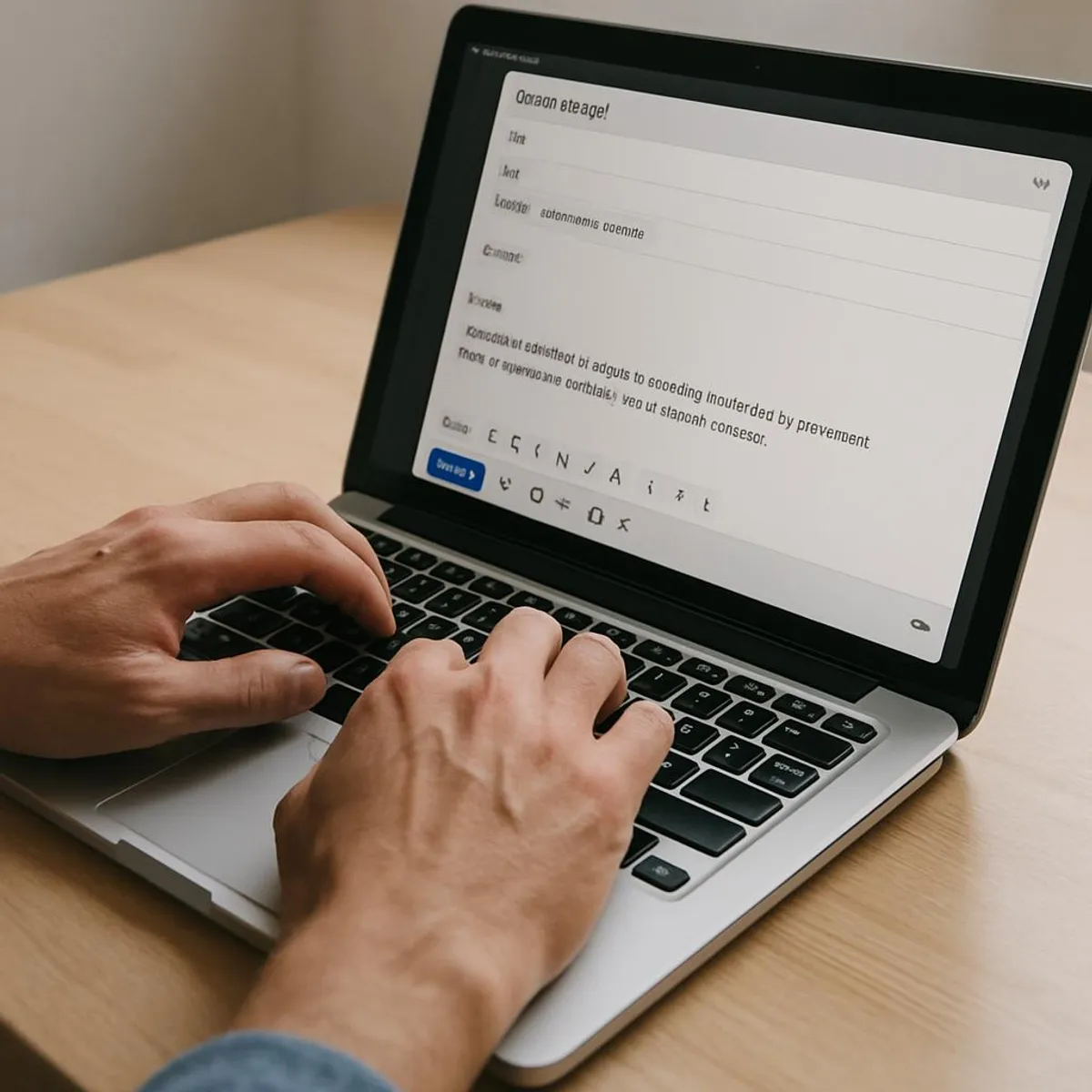 Close-up of hands typing an email on a laptop