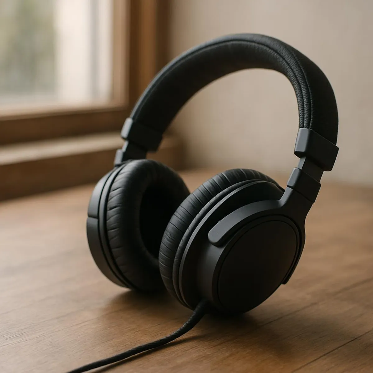 Close-up of headphones on a wooden table with soft window light